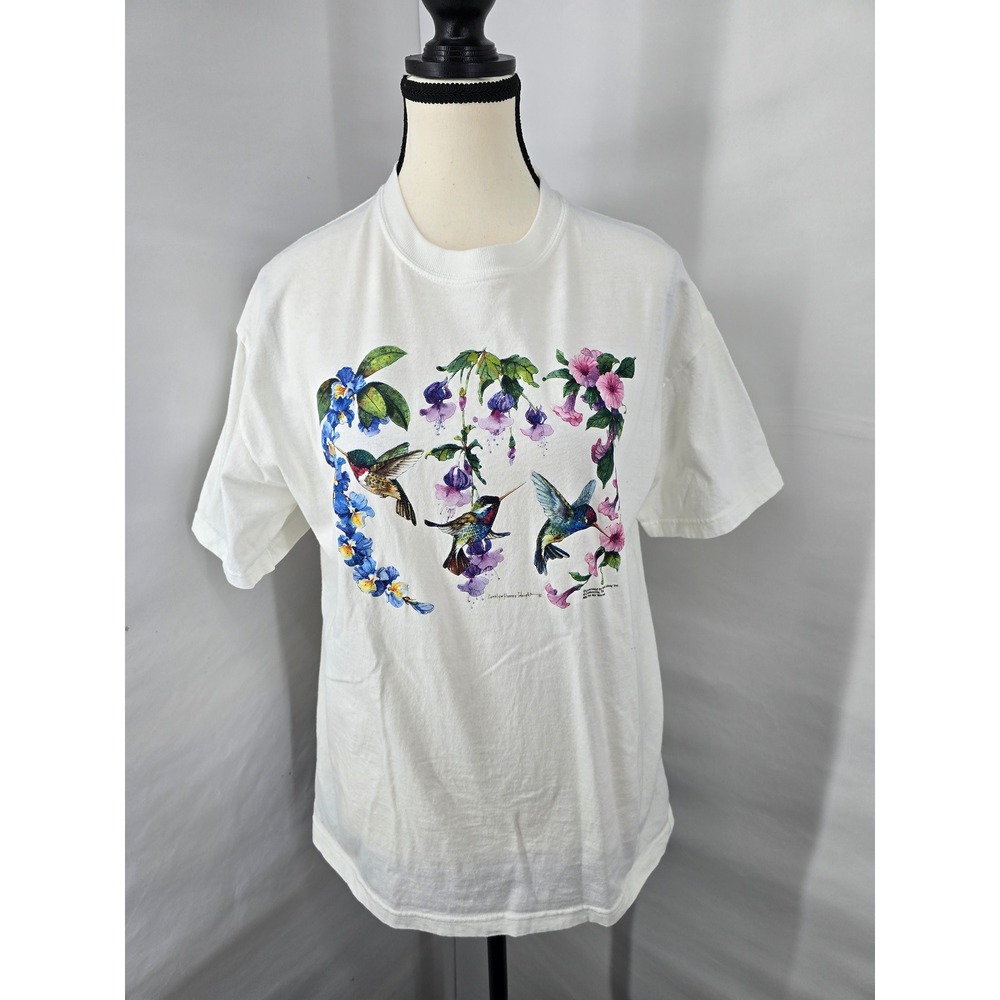 Vintage M&O Knits Hummingbird Floral T-Shirt White Carolyn Shores Wright Medium